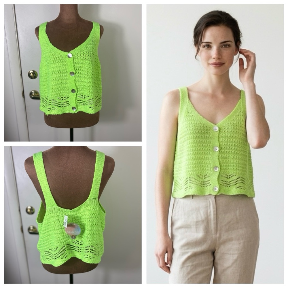 Jolie & Joy Women’s Sz 1X Lime Green Crochet Button-Front layering Tank NWT